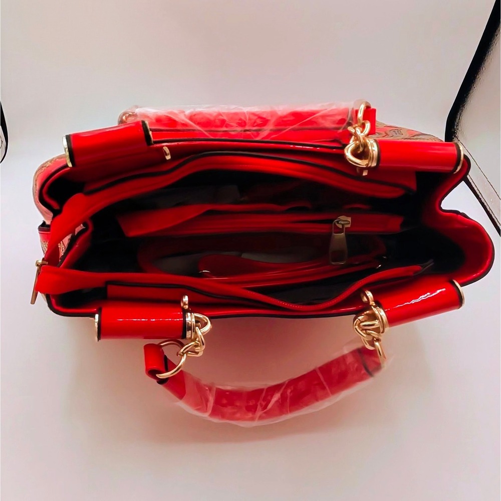 Glam Red Patent Leather Satchel Gold Sequin Floral Embroidery Bag - Picture 4 of 6